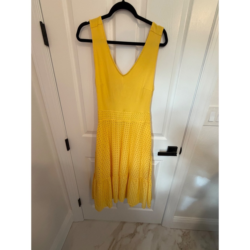 NY and Company Yellow Eyelet Tie Back Midi Dress Size M Cotton